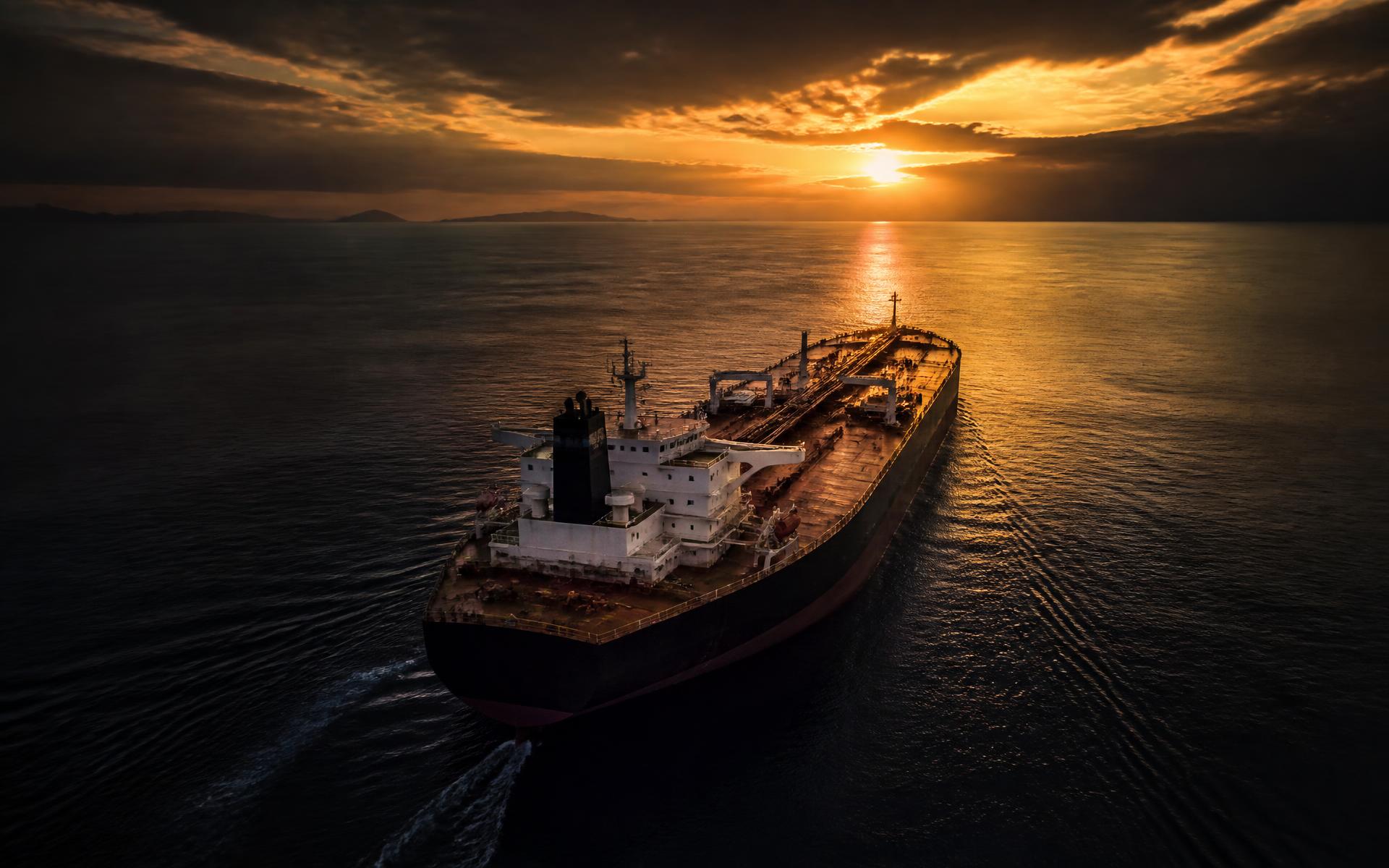 Oil tanker at sea at dusk